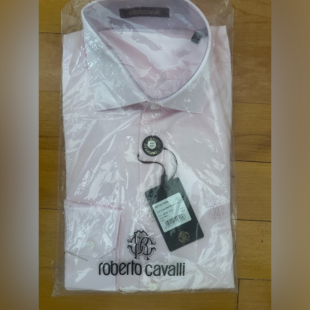 Roberto Cavalli Mens Cotton Classic Dress Shirt Pink with Logo Size 16.5